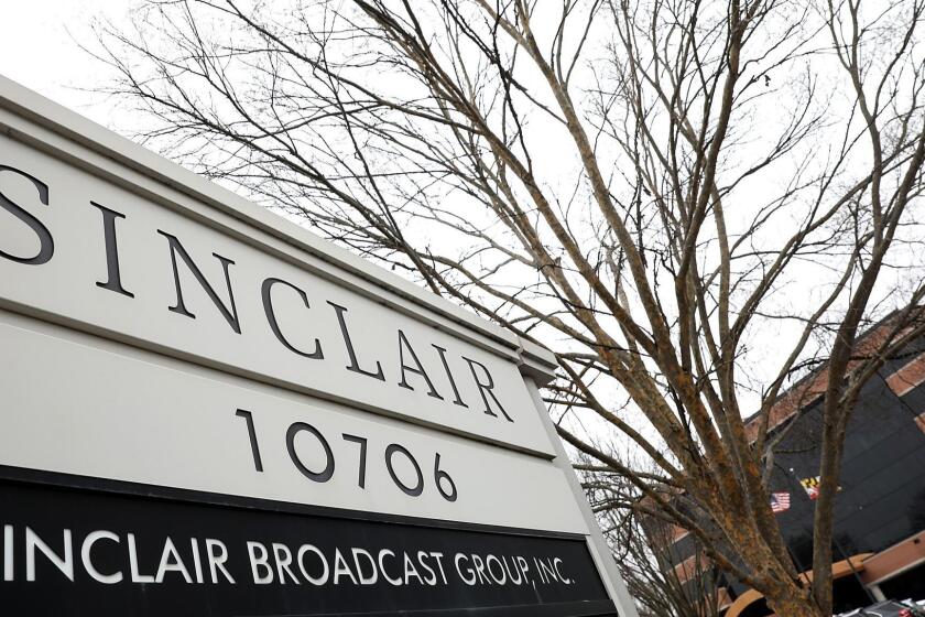 HUNT VALLEY, MD - APRIL 03: The headquarters of the Sinclair Broadcast Group is shown April 3, 2018 in Hunt Valley, Maryland. The company, the largest owner of local television stations in the United States, has drawn attention recently for repeating claims by U.S President Donald Trump that traditional television and print publications offer "fake" or biased news. (Photo by Win McNamee/Getty Images) ** OUTS - ELSENT, FPG, CM - OUTS * NM, PH, VA if sourced by CT, LA or MoD **