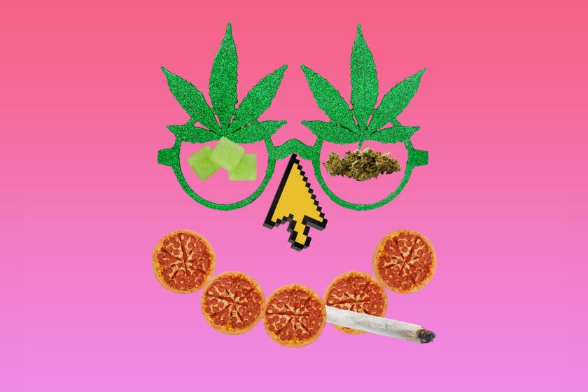 Marijuana in multiple forms and pizza create a blissed-out face.