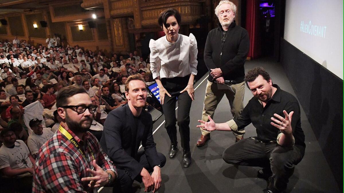At the "Alien" screening at SXSW, from left, festival producer and senior programmer Jarod Neece, actors Michael Fassbender and Katherine Waterston, director Ridley Scott and actor Danny McBride.
