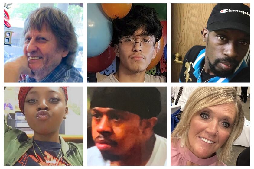 This combination of photos provided by the Chesapeake, Va., Police Department shows top row from left, Randy Blevins, Fernando Chavez-Barron, Lorenzo Gamble, and bottom row from left, Tyneka Johnson, Brian Pendleton and Kellie Pyle, who Chesapeake police identified as six victims of a shooting that occurred Tuesday, Nov. 22, 2022, at a Walmart store in Chesapeake. (Chesapeake Police Department via AP)