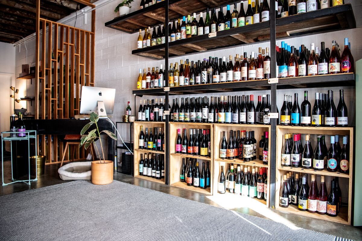 Shelves full of wine bottles at Good Luck Wine Shop in East Pasadena.