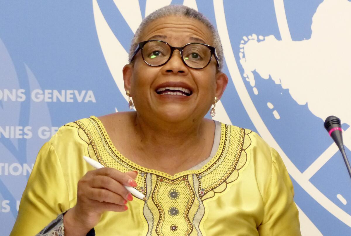 Pansy Tlakula speaks during a news conference in Geneva