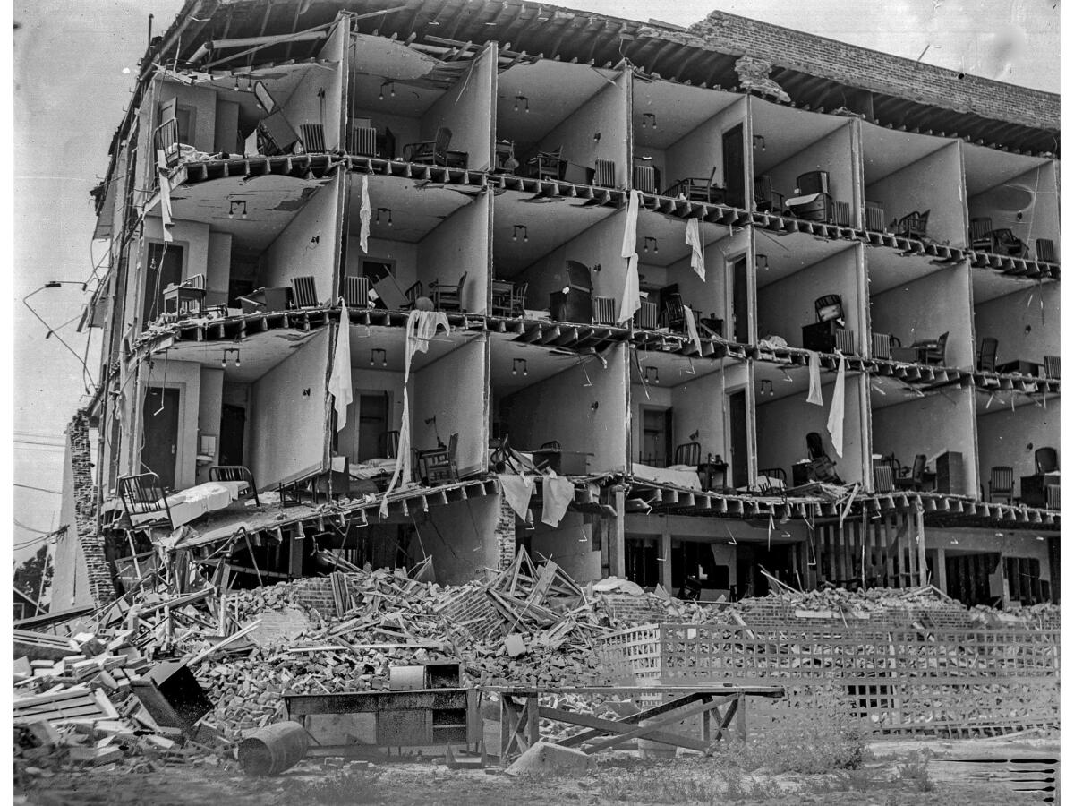 June 29, 1925: Damage at the Hotel Californian after Santa Barbara earthquake. This image and the next may have been taken at same time for possible panorama.