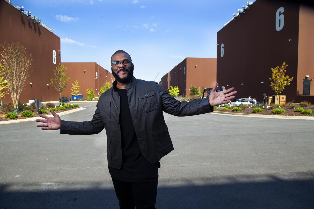 Tyler Perry shows off the soundstages of Tyler Perry Studios.