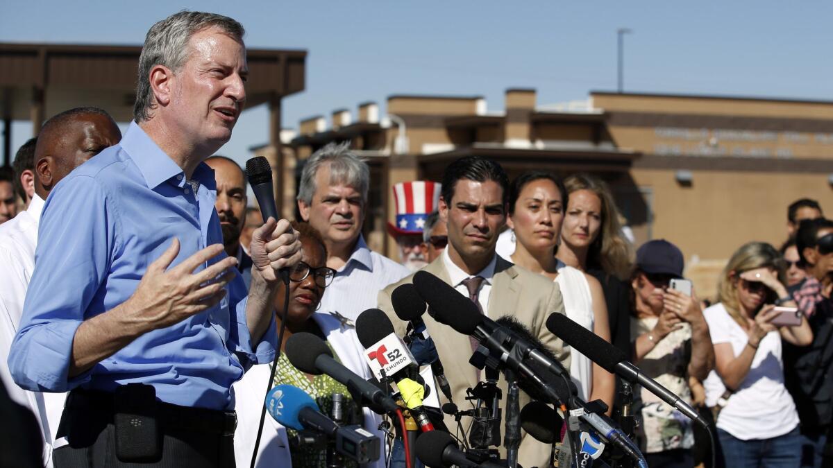 New York Mayor Bill de Blasio speaks outside a holding facility for immigrant children in Tornillo, Texas, on June 21.