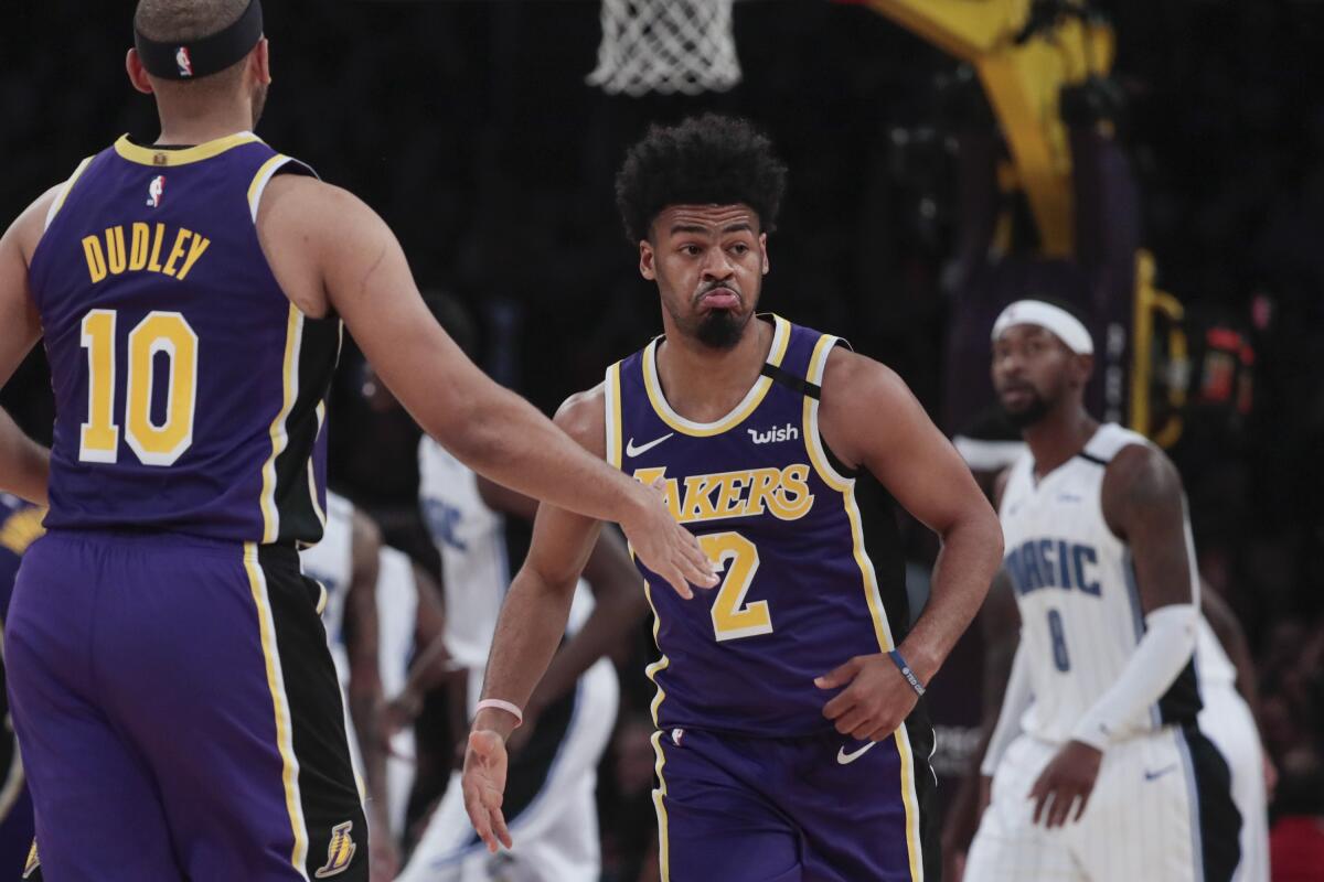 Quinn Cook reacts after making one of four three-point shots against the Magic.