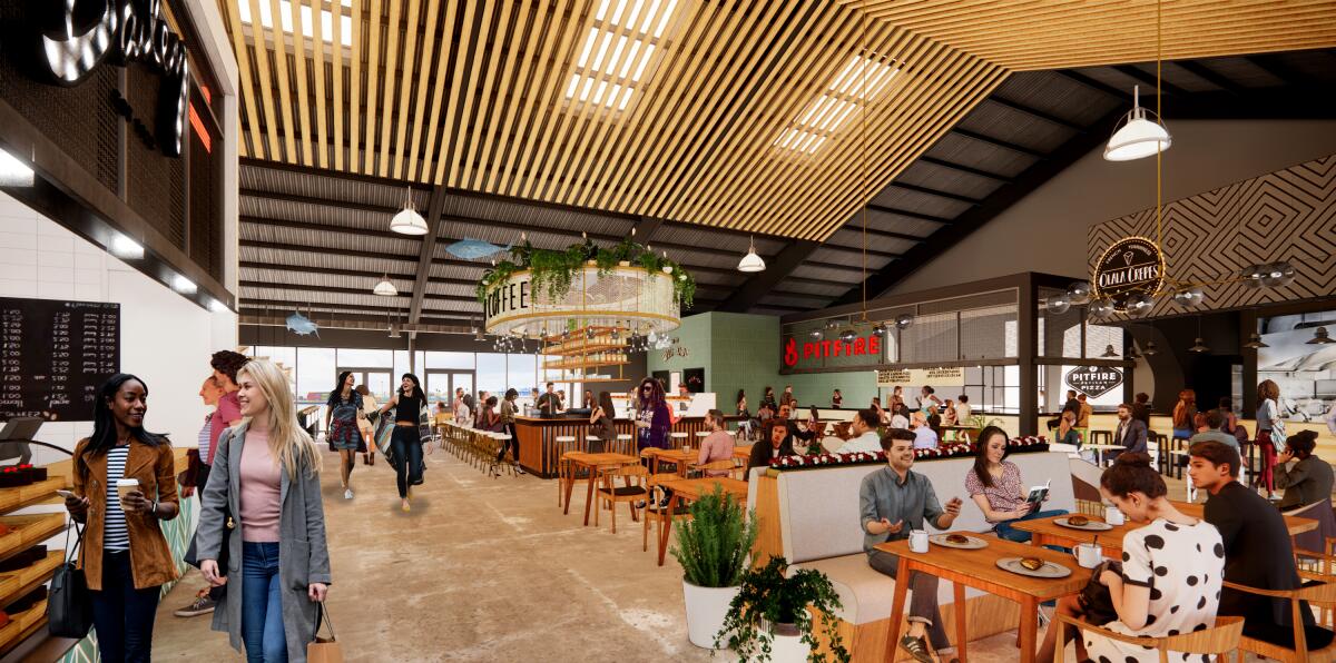 An artist's rendering of a food hall with ordering counters and tables and seating filled with people.