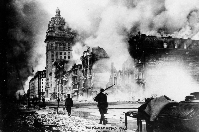 (NYT5) SAN FRANCISCO -- April 10, 2006 -- SCI-SF-QUAKE -- Fires raged out of control following the Great San Francisco Earthquake of April 18, 1906. The earthquake destroyed much of San Francisco and much of what was still standing burned to ashes in the firestorm that followed. (Bancroft Library/UCLA via The New York Times) -EDITORIAL USE ONLY- NO SALES