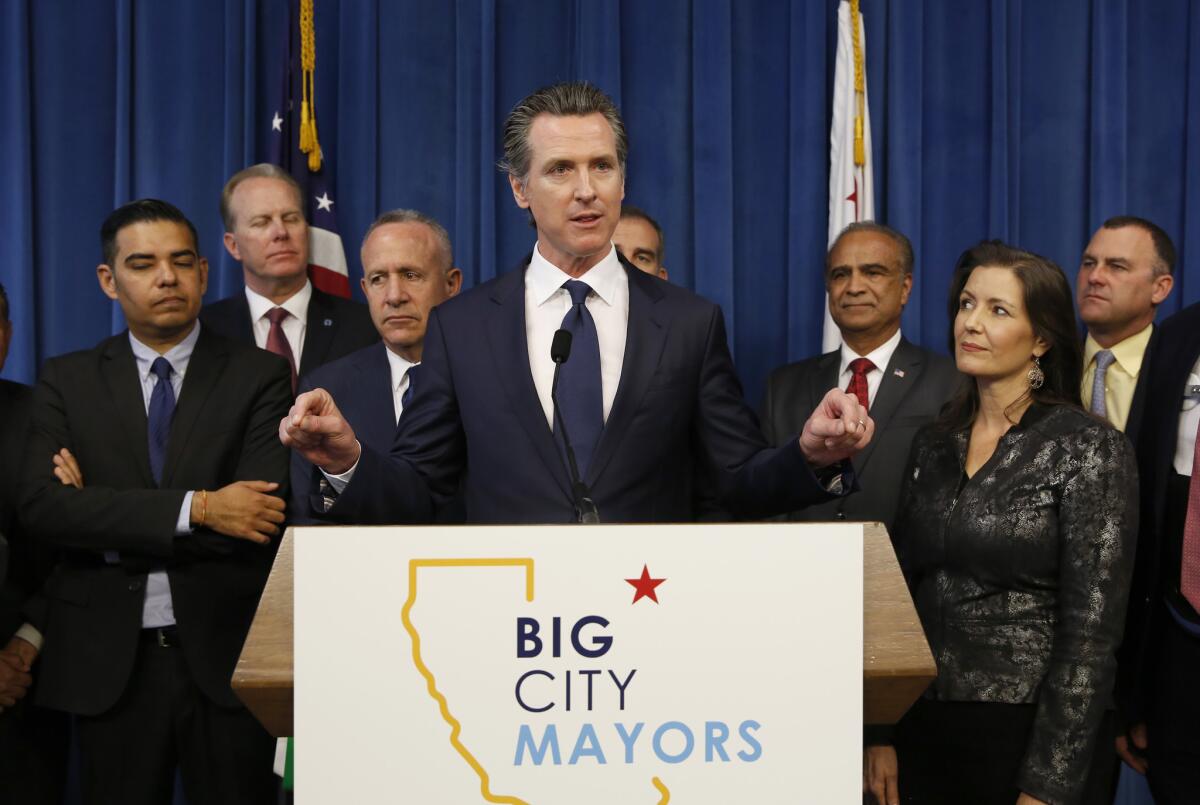 Gov. Gavin Newsom discusses the homelessness problem facing California after a meeting with the mayors of some of the state's largest cities March 20 in Sacramento.