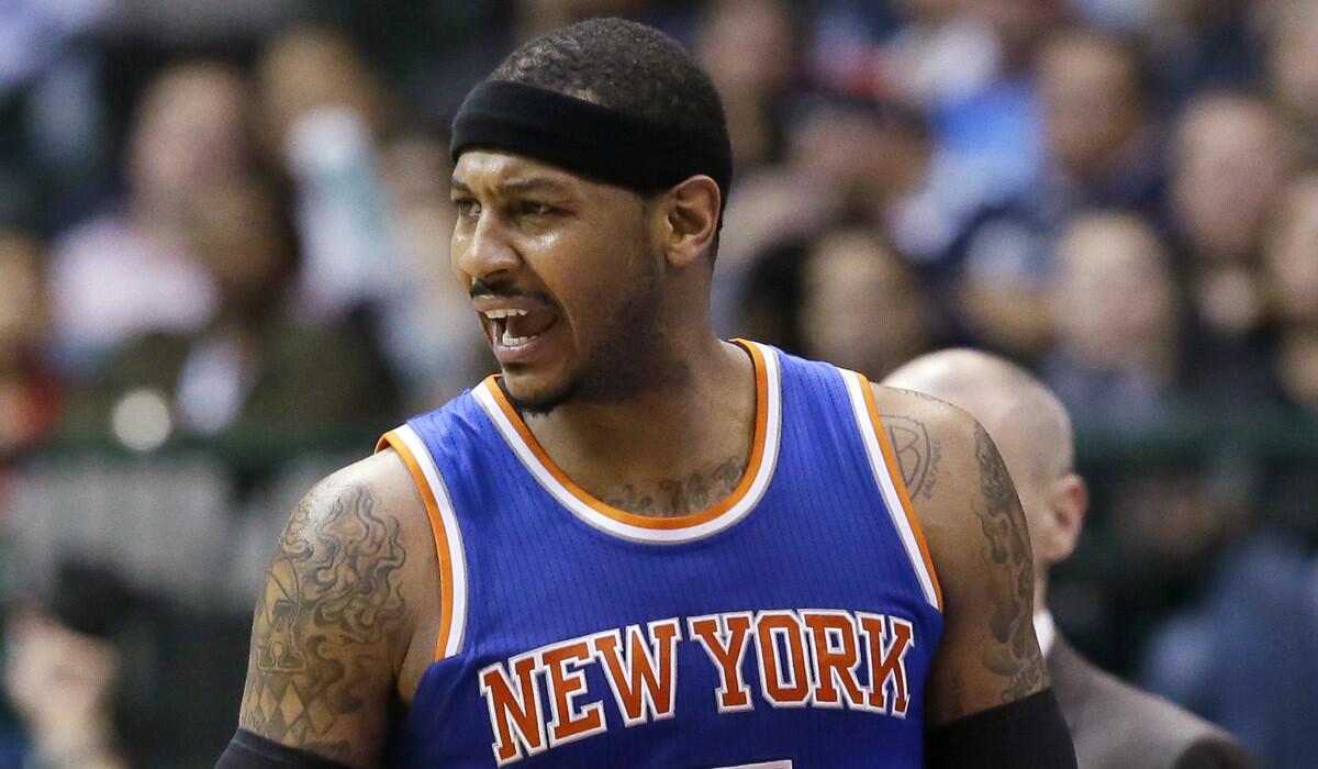 Carmelo Anthony reacts to a call during a game against Dallas on March 30.