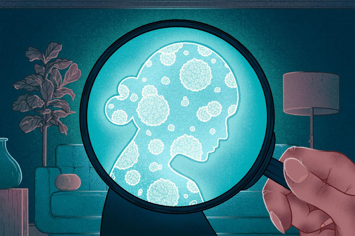 Illustration of a magnifying glass held up to a woman's silhouette filled with inflamed cells
