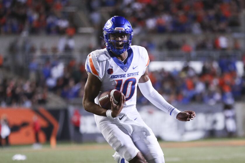 Boise State Broncos quarterback Taylen Green (10) plays during the second half of an NCAA college football game against Oregon State Saturday, Sept. 3, 2022, in Corvallis, Ore. Oregon State won 34-17. (AP Photo/Amanda Loman)