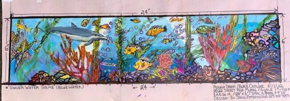 This underwater scene is the rough draft for a mural by artist Janis Ambrosiani.