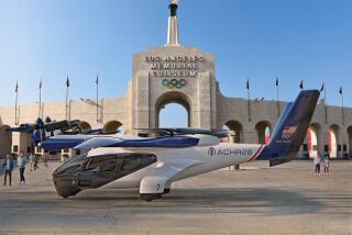 An illustration of Archer Aviation's air taxi in front of the Los Angeles Memorial Coliseum