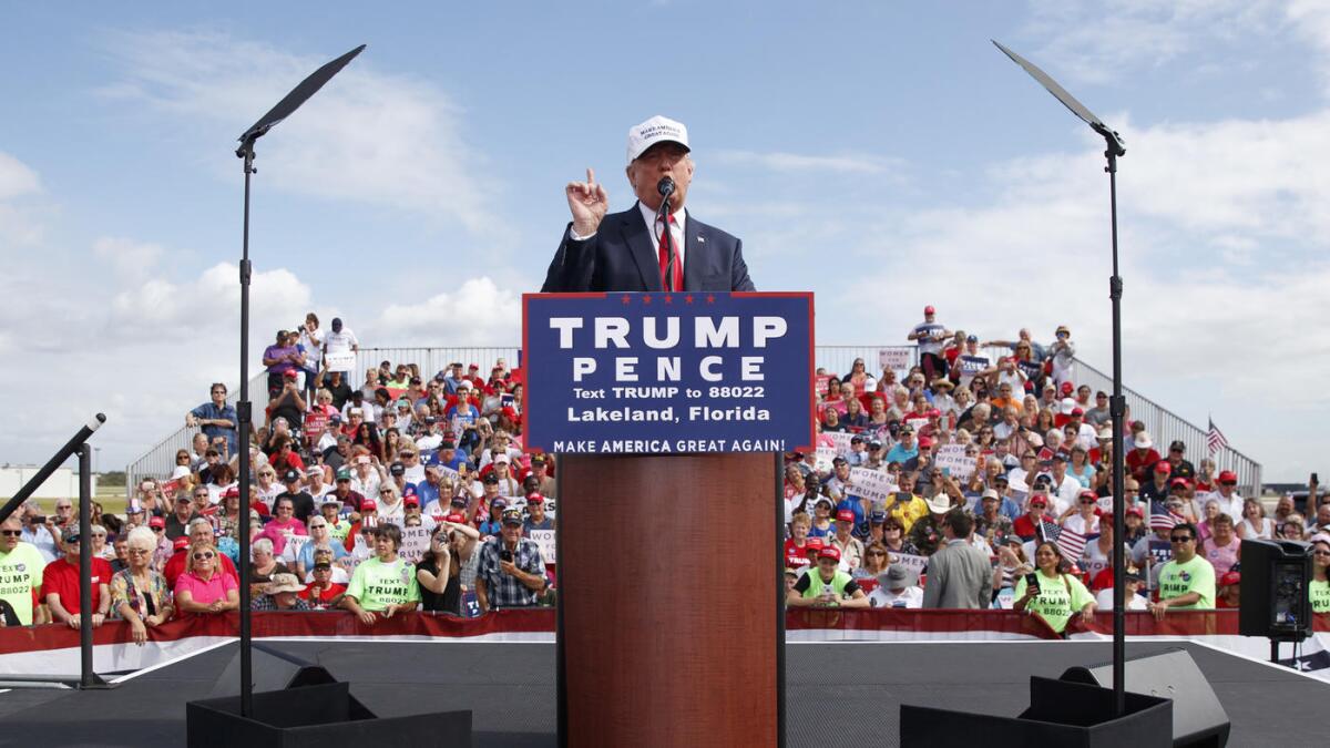 Donald Trump campaigns Wednesday in Lakeland, Fla.