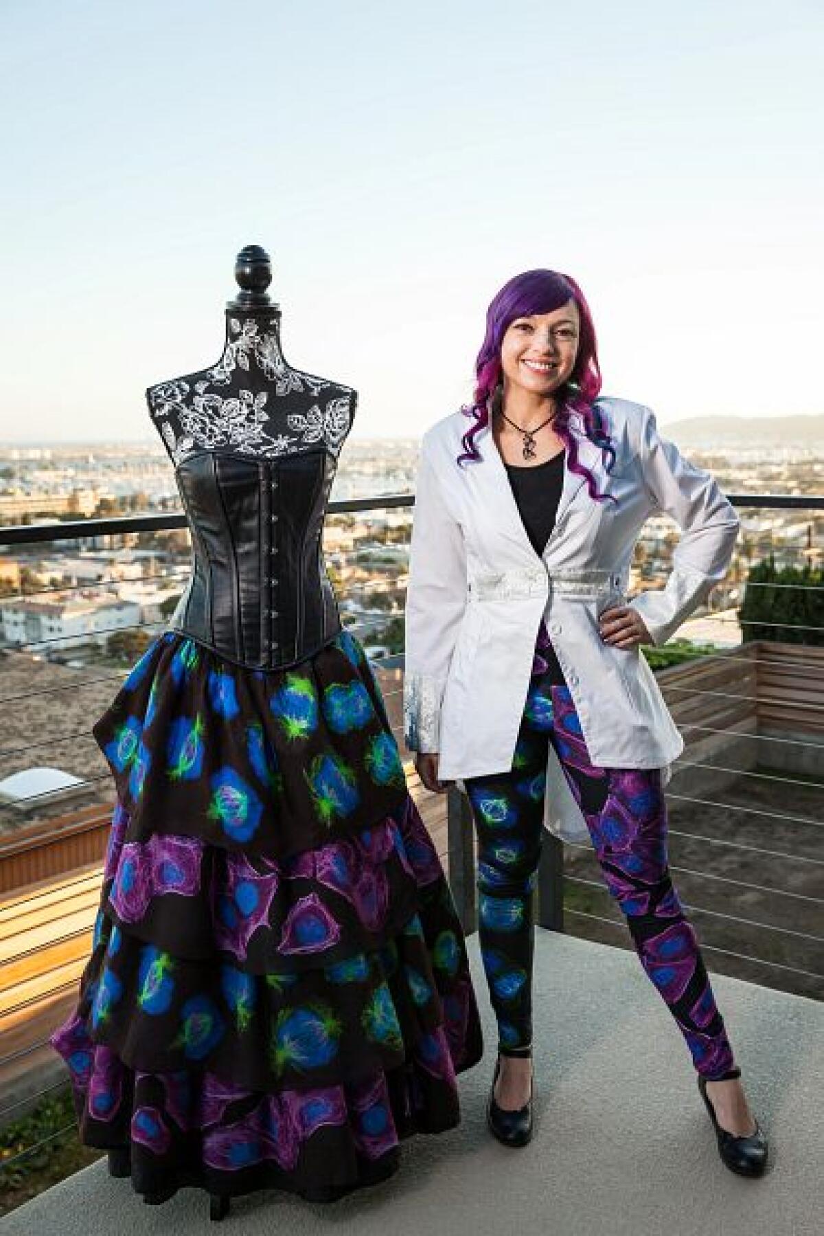 Molecular biologist Beata Mierzwa makes clothing and other items out of fabric she designed with images of cell division.