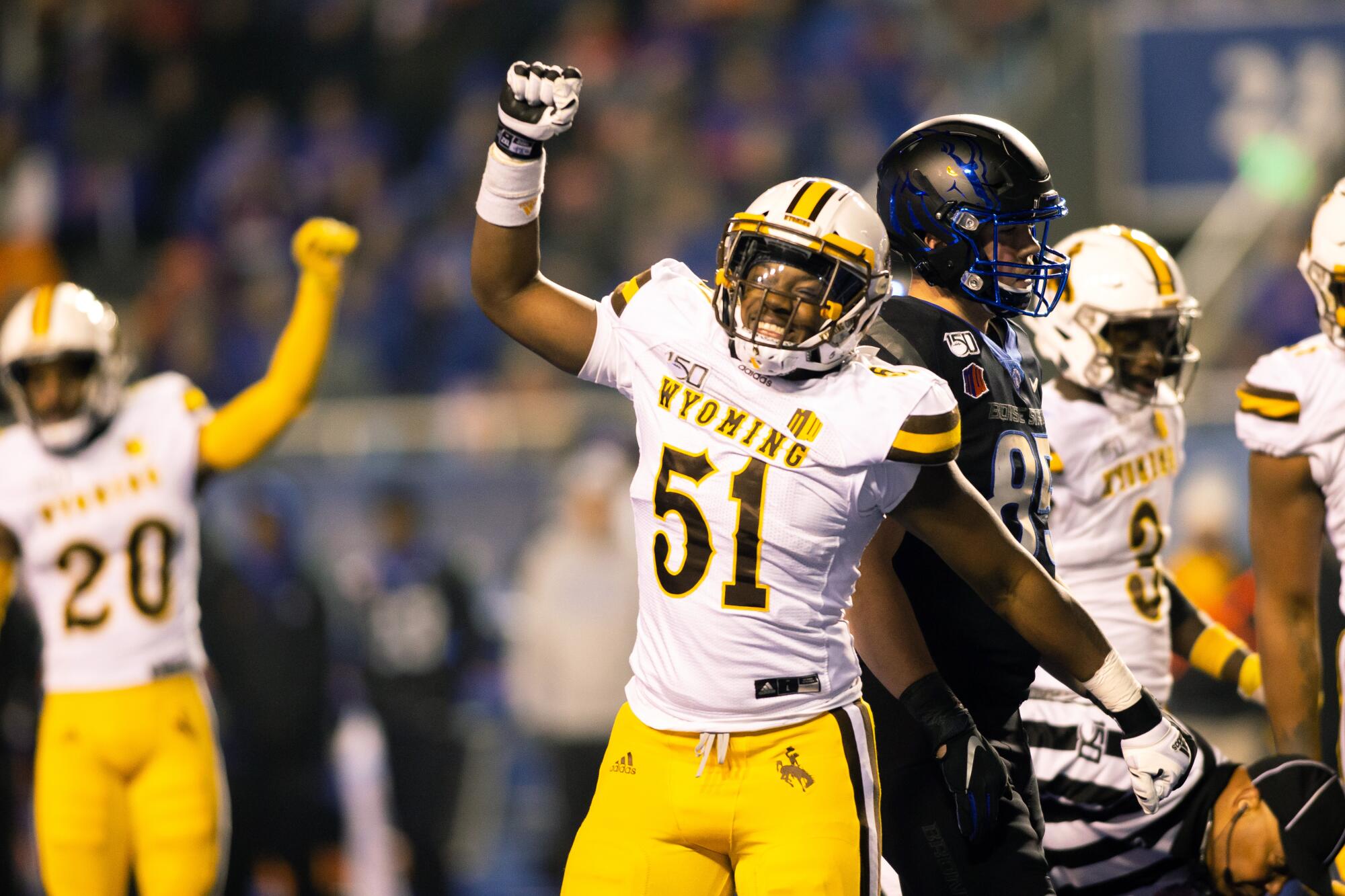 Solomon Byrd celebrates after a big play between Wyoming and Boise State during a game in November 2019.