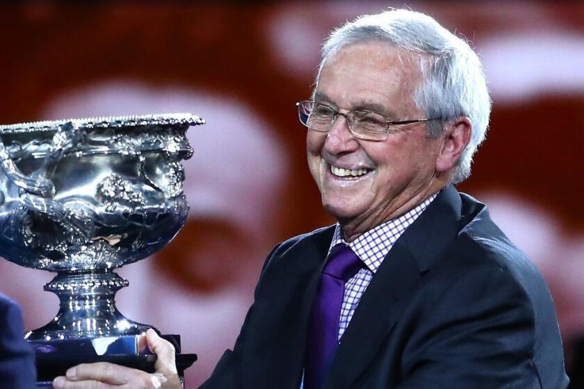 MELBOURNE, AUSTRALIA - JANUARY 27: Roy Emerson and Rod Laver pose with the Norman Brookes Challenge Cup prior to the Men's Singles Final match between Novak Djokovic of Serbia and Rafael Nadal of Spain during day 14 of the 2019 Australian Open at Melbourne Park on January 27, 2019 in Melbourne, Australia. (Photo by Michael Dodge/Getty Images) ** OUTS - ELSENT, FPG, CM - OUTS * NM, PH, VA if sourced by CT, LA or MoD **