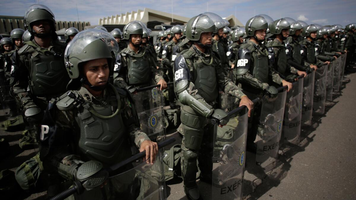 Brazilian Army soldiers attend their last day of World Cup security training in Brasilia, Brazil, on Sunday.