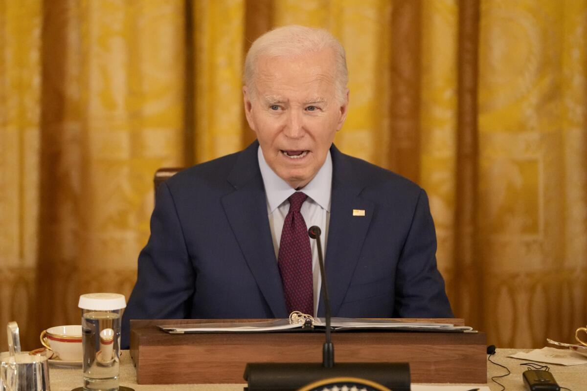 President Biden speaks at a conference table. 