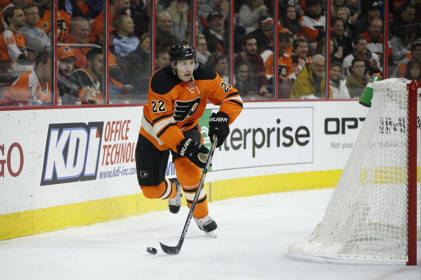 Philadelphia Flyers' Luke Schenn in action against Columbus on Dec. 5. The Kings acquired Schenn and forward Vinny Lecavalier via trade on Wednesday.