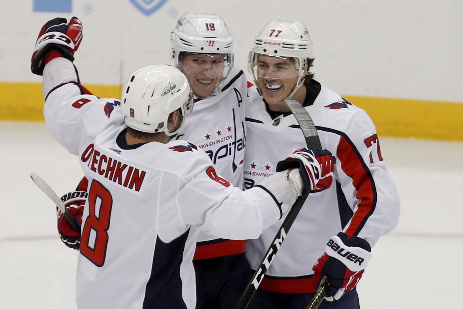 A very good photo of TJ Oshie and Braden Holtby