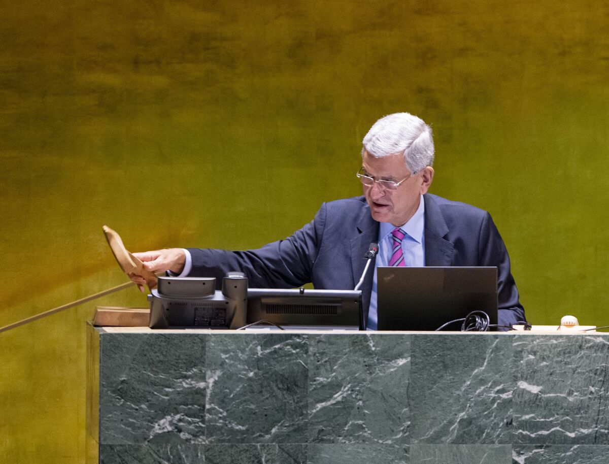 In this photo provided by the United Nations, Volkan Bozkir, President of the seventy-fifth session of the United Nations General Assembly, chairs the General Assembly: General Debate, during the 75th session of the United Nations General Assembly, Thursday, Sept. 24, 2020, at UN headquarters in New York. The U.N.'s first virtual meeting of world leaders started Tuesday with pre-recorded speeches from some of the planet's biggest powers, kept at home by the coronavirus pandemic that will likely be a dominant theme at their video gathering this year. (Rick Bajornas/UN Photo via AP)