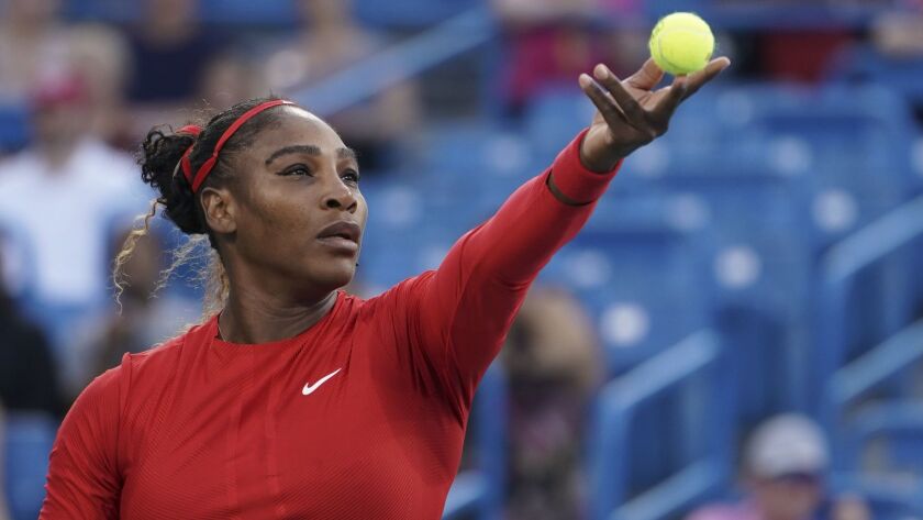 Serena Williams serves to Daria Gavrilova, of Australia, in the first round at the Western & Southern Open.