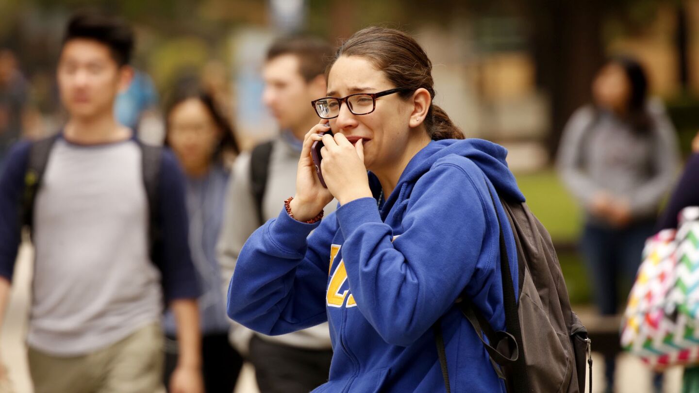 UCLA Gabriela Romero calls her mother telling her not to worry after a shooting on campus Wednesday.