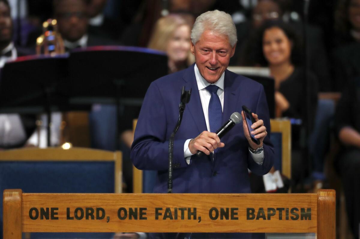 Bill Clinton spoke at Aretha Franklin's funeral on Friday, sharing stories of the departed legend and marveling at her outfit.