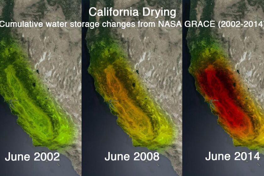 This series of satellite images illustrates the huge loss of groundwater in California.