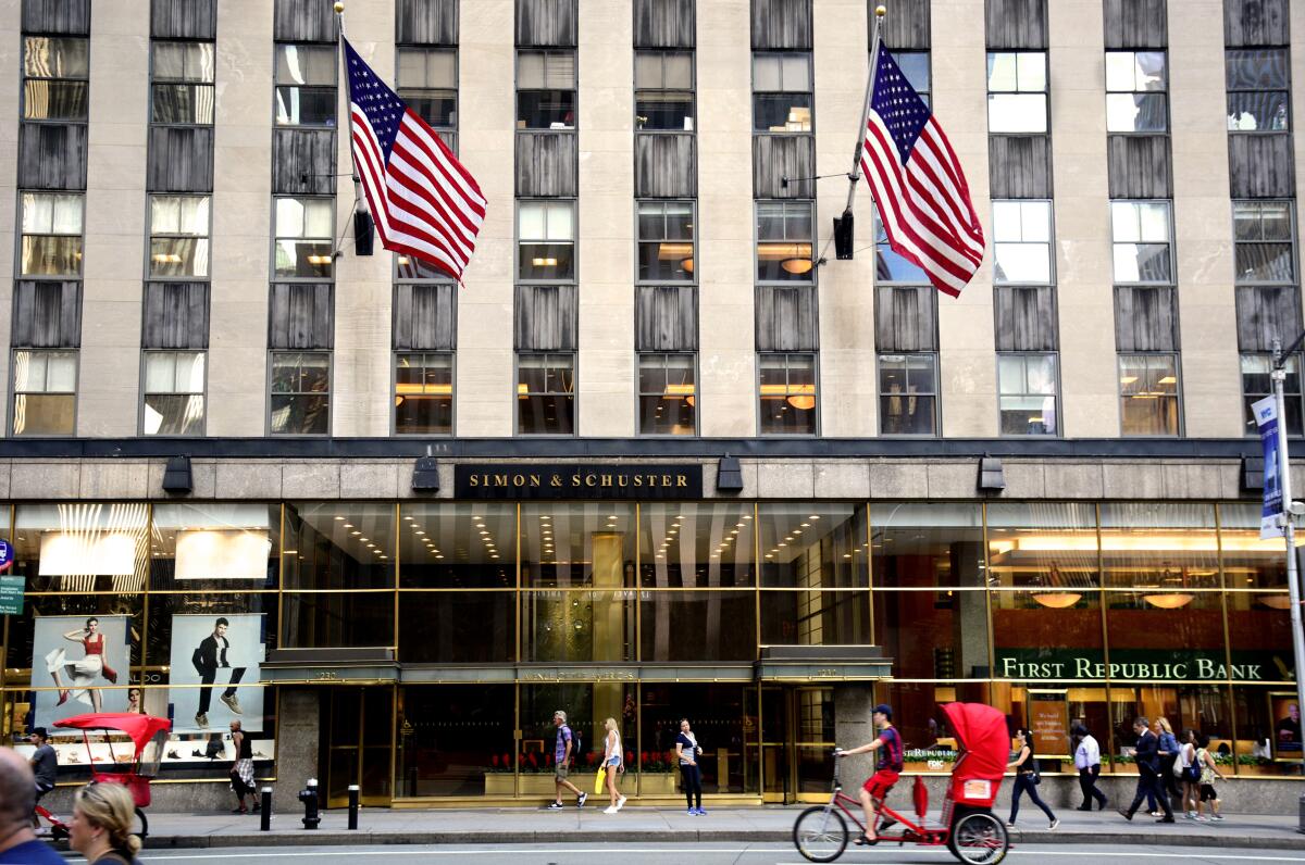 The headquarters of the Simon & Schuster book publishing company is on Avenue of the Americas in New York City.