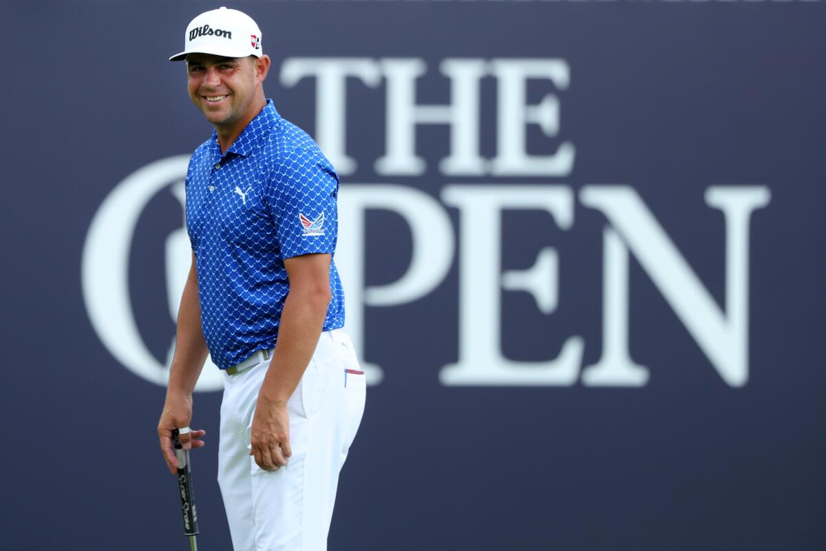 Gary Woodland stands during a practice round at 148th Open Championship.