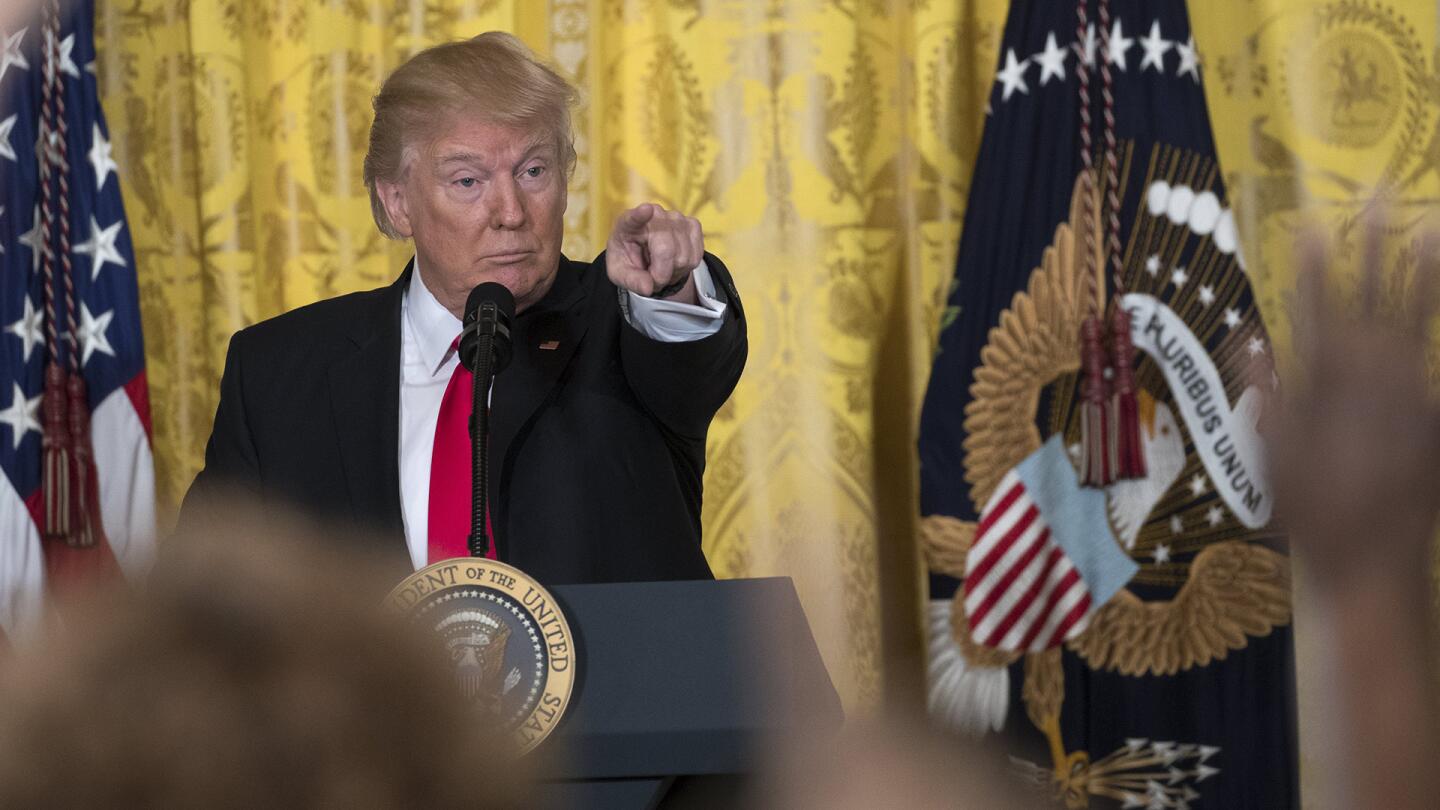 President Donald Trump speaks during a news conference, on Feb. 16, 2017, in the East Room of the White House in Washington.