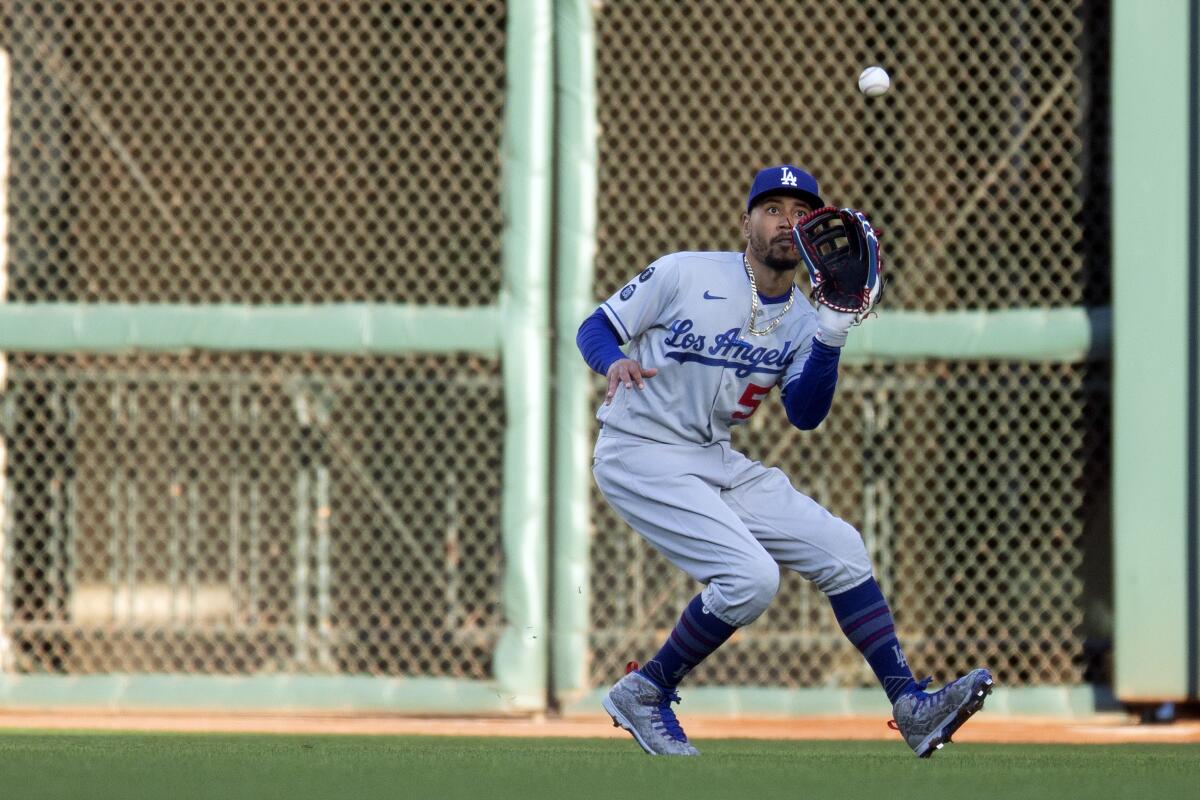 Los Angeles Dodgers right fielder Mookie Betts catches a line drive off the bat of San Francisco.