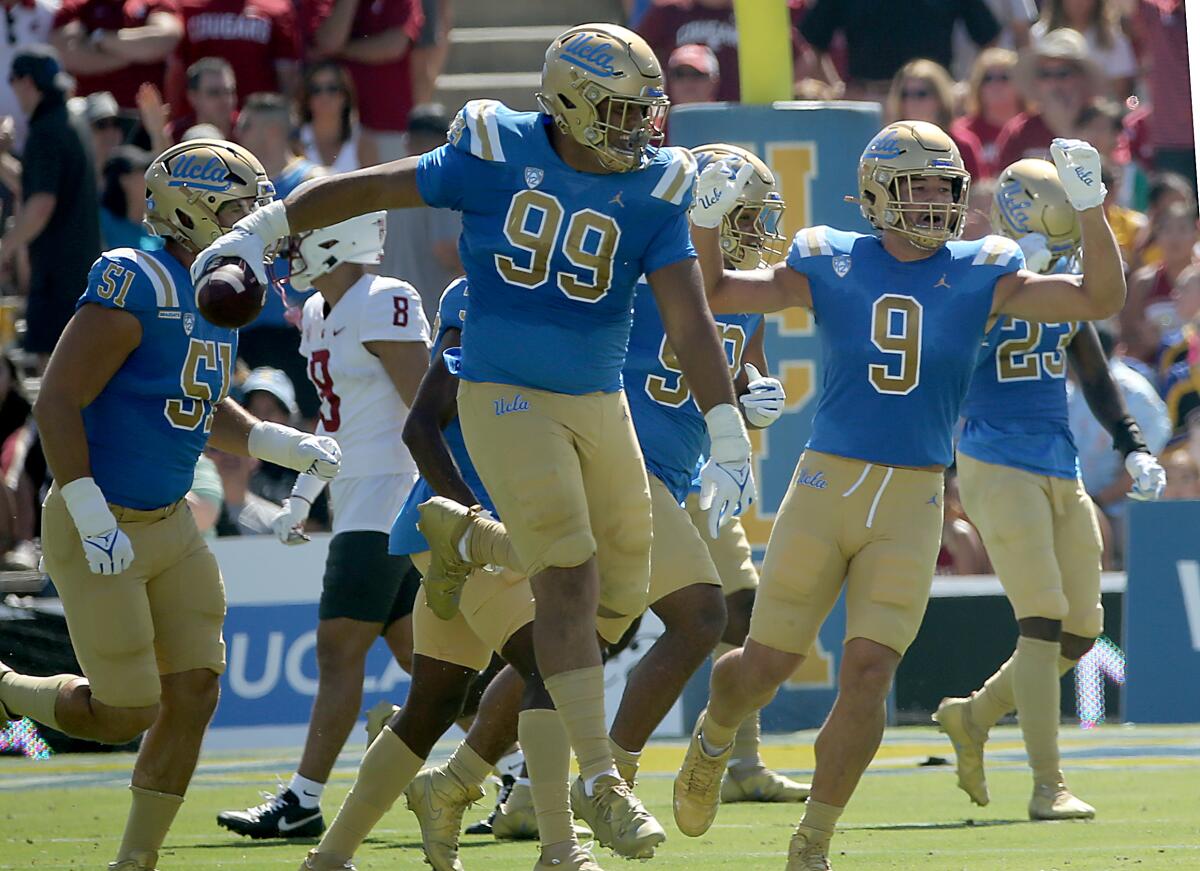 UCLA defensive lineman Keanu Williams celebrates after recovering a fumble by Washington State quarterback Cameron Ward.