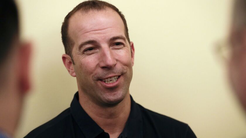 Angels general manager Billy Eppler speaks to reporters during the Major League Baseball General Manager Meetings on Nov. 7 in Carlsbad, Calif.