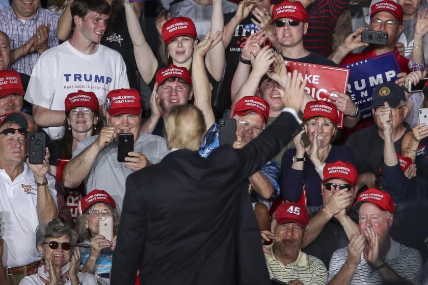 MONTOURSVILLE, PA - MAY 20: The crowd cheers as U.S. President Donald Trump waves at the end of a 'Make America Great Again' campaign rally at Williamsport Regional Airport, May 20, 2019 in Montoursville, Pennsylvania. Trump is making a trip to the swing state to drum up Republican support on the eve of a special election in Pennsylvania's 12th congressional district, with Republican Fred Keller facing off against Democrat Marc Friedenberg. (Photo by Drew Angerer/Getty Images) ** OUTS - ELSENT, FPG, CM - OUTS * NM, PH, VA if sourced by CT, LA or MoD **