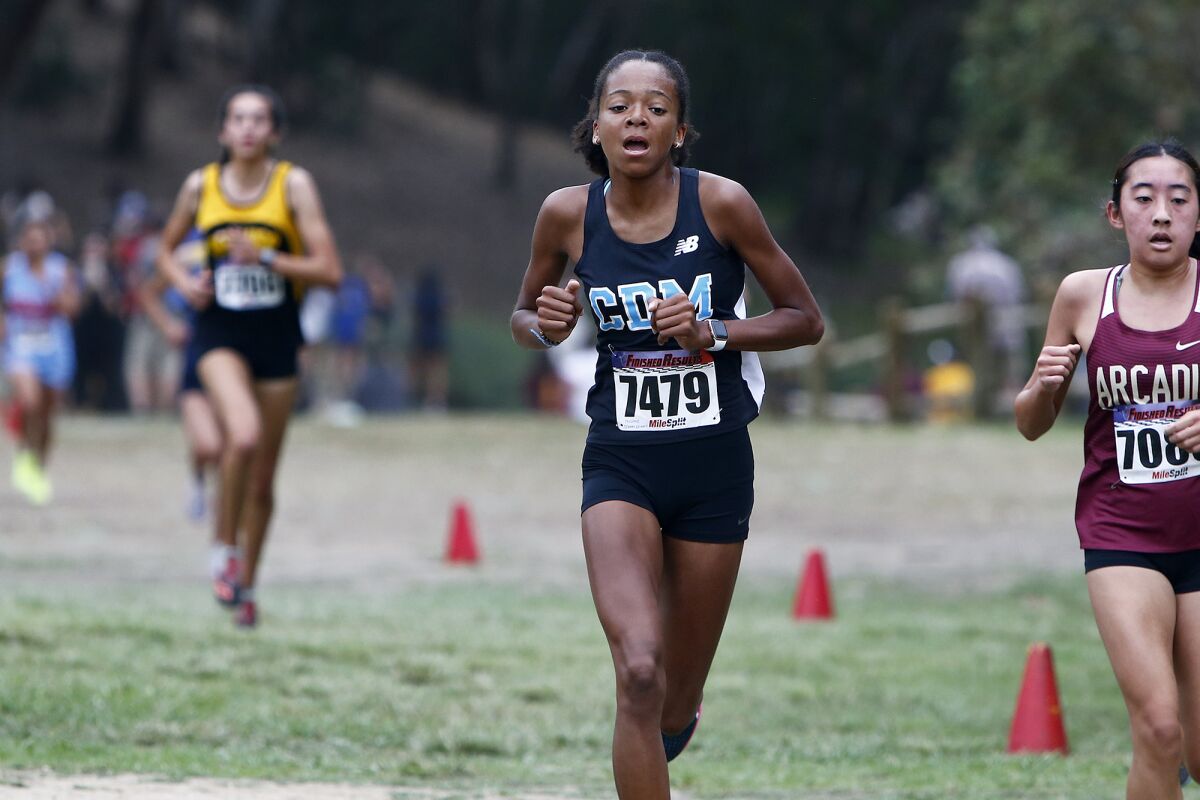 Corona del Mar's Melisse Djomby-Enyawe competes during the Central Park Invitational on Saturday in Huntington Beach.