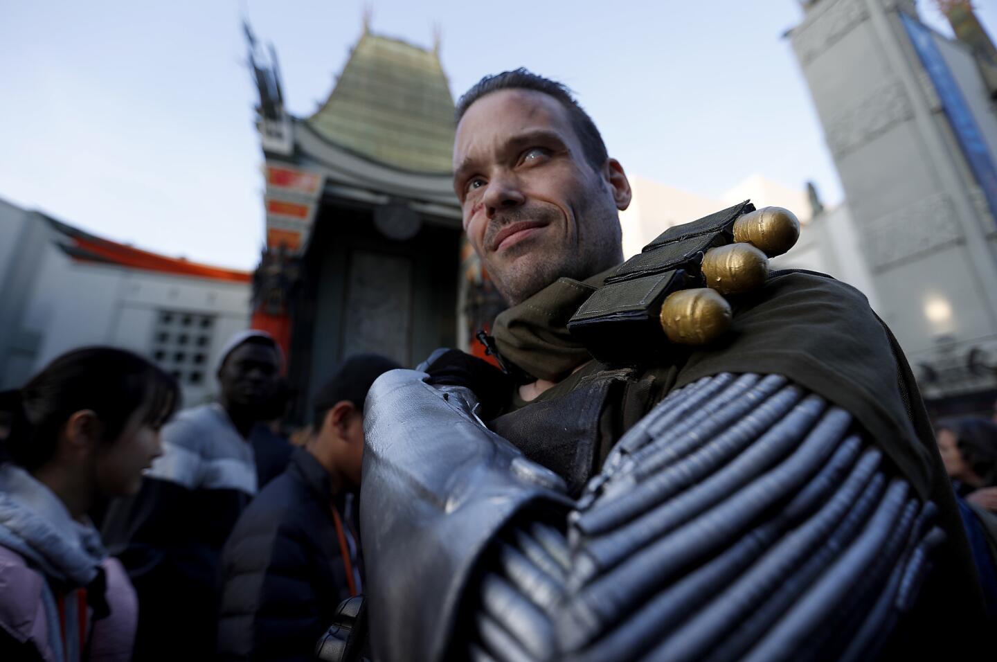 Jeff Knight portrays Cable, of the "Deadpool" movies, during a tribute to the late graphic novelist Stan Lee at the TCL Chinese Theatre in Hollywood on Wednesday.
