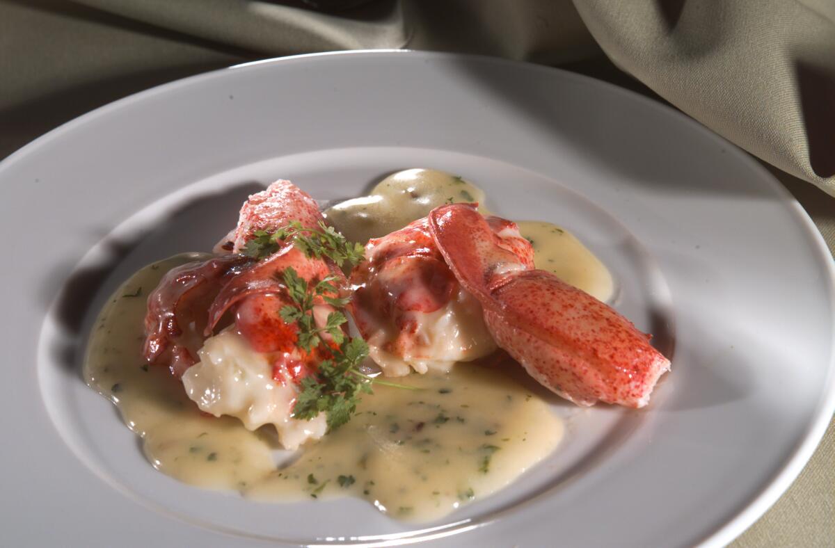 The lobster, having been cooked in beurre monte, is finished with a sauce of shallots sauteed in beurre monte and mixed with herbs.