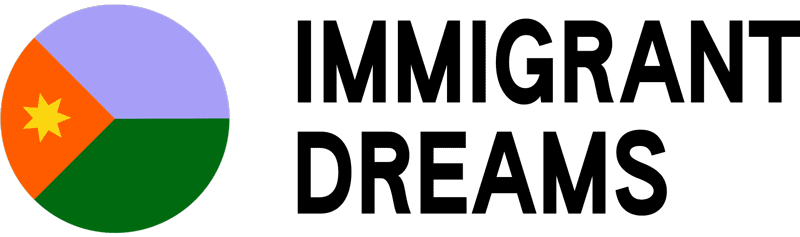 A moving Immigrant Dreams logo with a flag/pie chart icin
