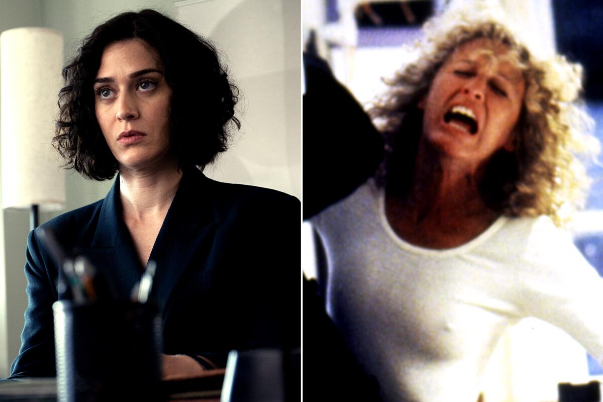 Lizzy Caplan and Glenn Close in side-by-side photos in their roles as Alex Forrest in the two versions of "Fatal Attraction."
