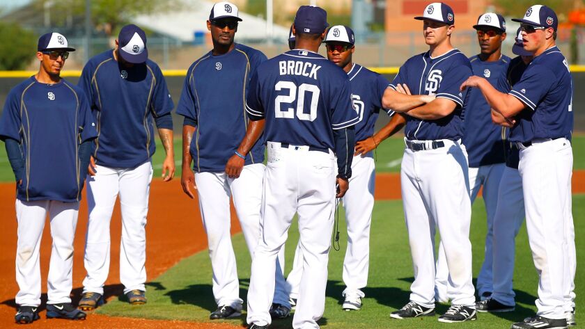 Padres first base coach Tarrik Brock talks to outfielders during a spring training practice.