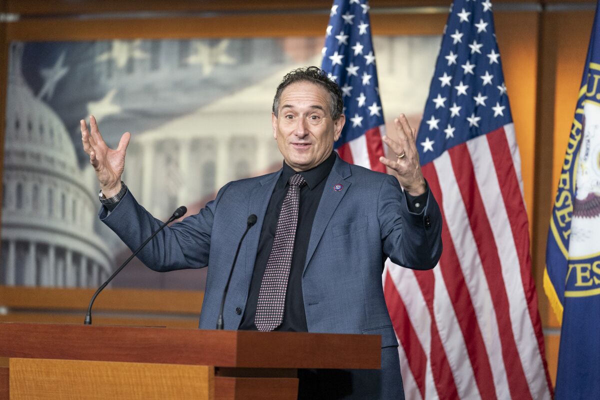 Rep. Andy Levin, D-Mich., speaks about the resolution he introduced on the rights of congressional workers to unionize during a news conference at the Capitol in Washington, Wednesday, Feb. 9, 2022. (AP Photo/Mariam Zuhaib)