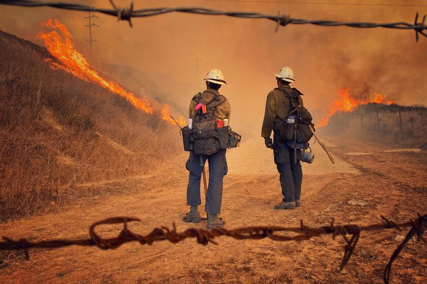 This Tuesday Oct. 12, 2021, photo provided by Santa Barbara County Fire, Santa Barbara County Fire Hand Crew members fight fire with fire and burn off pockets of grass along northbound Highway 101 north of Arroyo Hondo Canyon in Santa Barbara County, Calif. The Alisal Fire with erupted Monday has scorched more than 9 square miles (23 square kilometers) by early Tuesday and remained completely uncontained. Evacuation orders were issued for several areas of the lightly populated region. (Mike Eliason/Santa Barbara County Fire via AP)