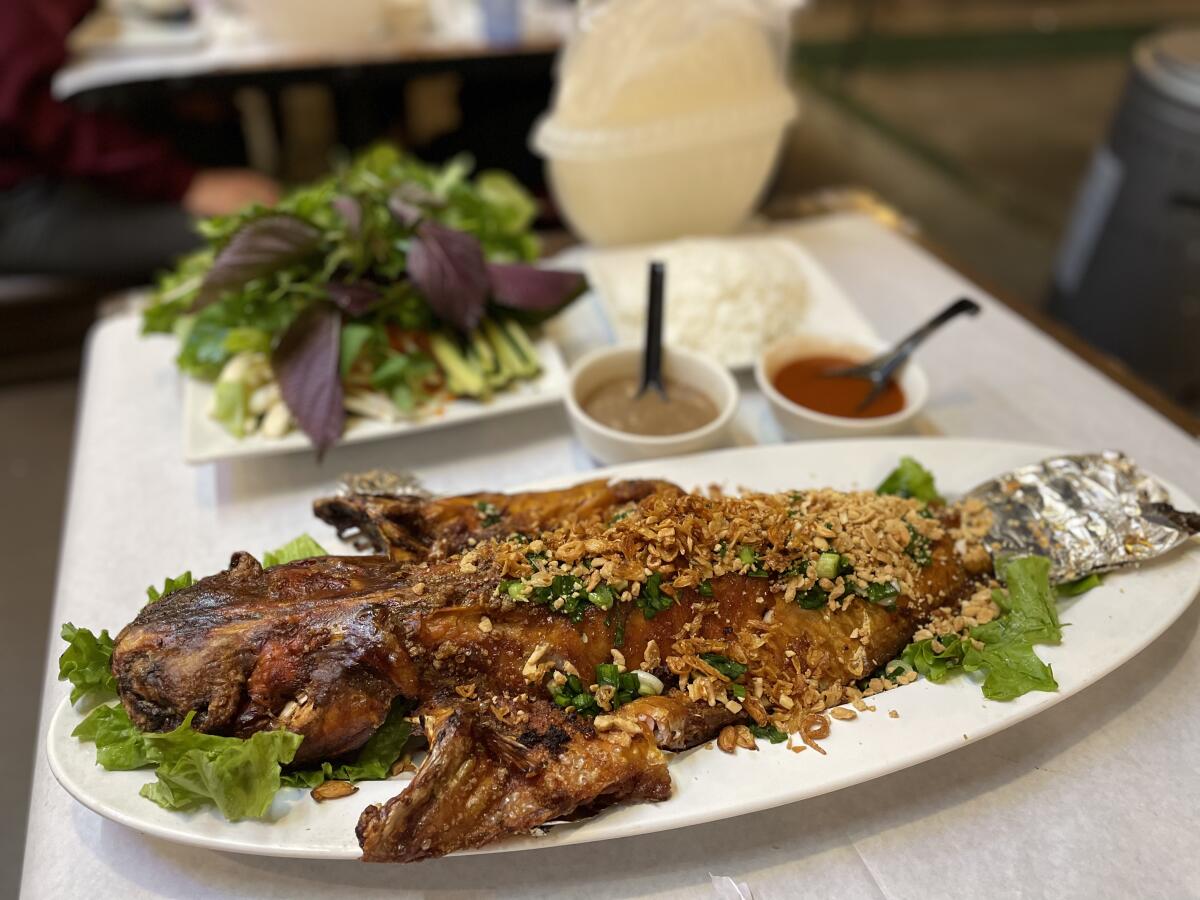 Cha nuong da gion, baked whole catfish, at Bien Hen in Westminster.