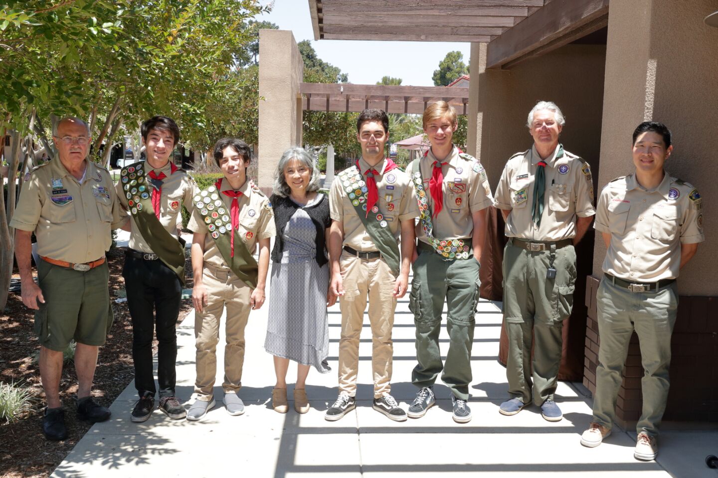 Jack Cater (Asst Zone Committee & Eagle Project Counselor), Eagle Scout candidate David Scuba, Eagle Scout candidate Daniel Scuba, Linda Leong, Ryan Shakiba, Cooper Vincik, Gene Marsh (Scout Master Troop 2000), Chris Kwok (Scout Master Troop 766)