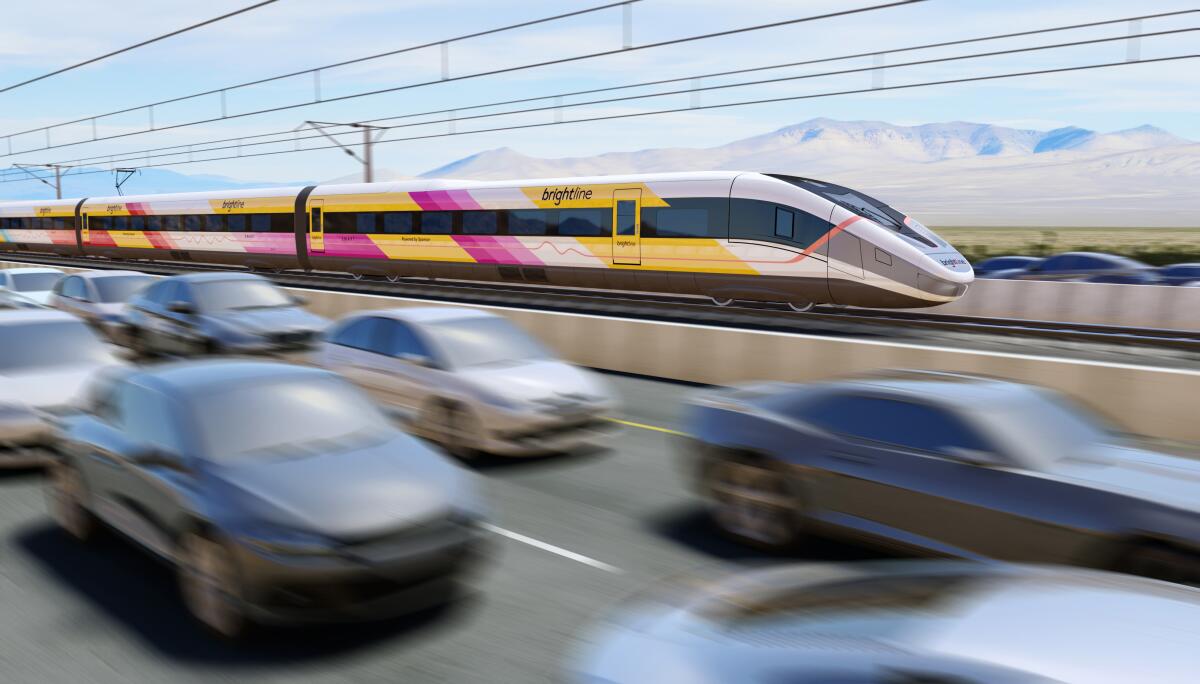 A rendering shows the Brightline West high-speed rail project from Southern California to Las Vegas.