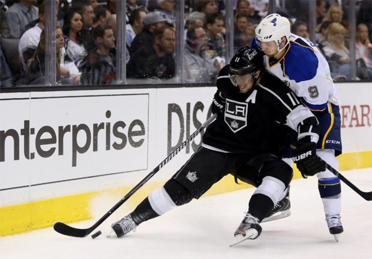 Kings' Anze Kopitar battles for position against St. Louis Blues' Jaden Schwartz during Game Six of the first-round series.